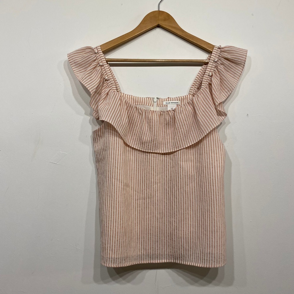 Club Monaco Womens Striped Seersucker Ruffle Square Neck Blouse Peach White S/P